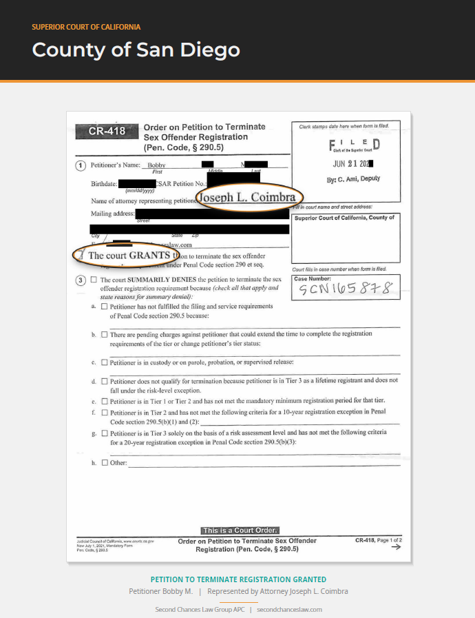 Triumphs: Registration Termination Court Orders from Throughout California