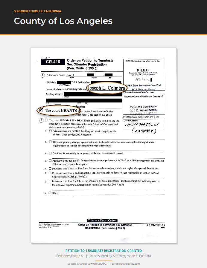 Triumphs: Registration Termination Court Orders from Throughout California
