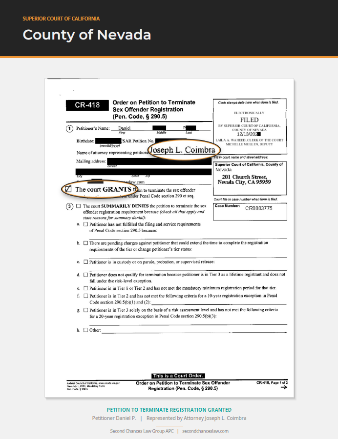 Triumphs: Registration Termination Court Orders from Throughout California
